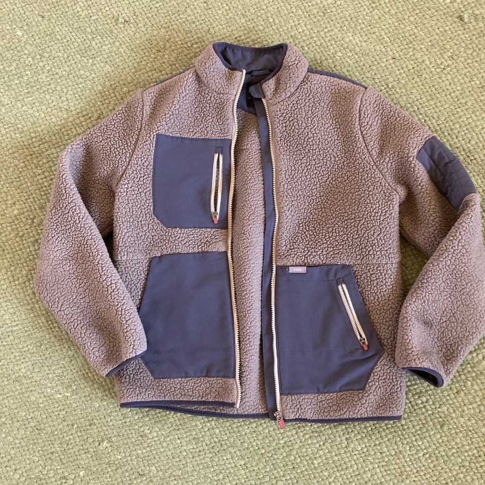 FIGS Tan and Gray Fleece Jacket